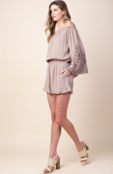 Camilia - Romper with Lace Sleeves - Mocha
