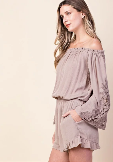 Camilia - Romper with Lace Sleeves - Mocha