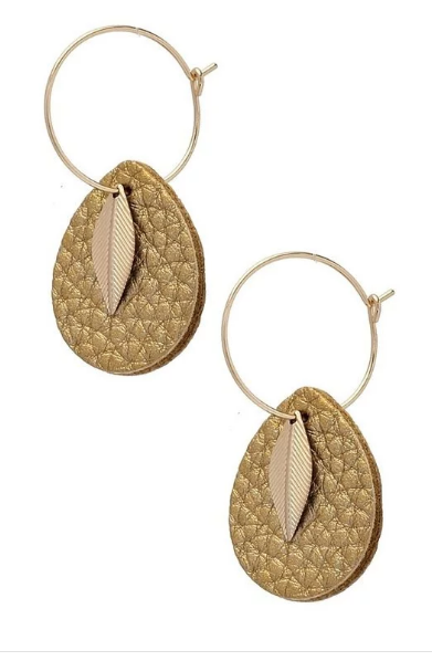 Leather/Leaf Charm Hoop Earrings