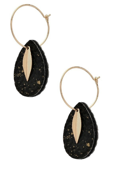 Leather/Leaf Charm Hoop Earrings