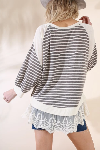 Stripes & Lace Sadie Top - Charcoal/Ivory