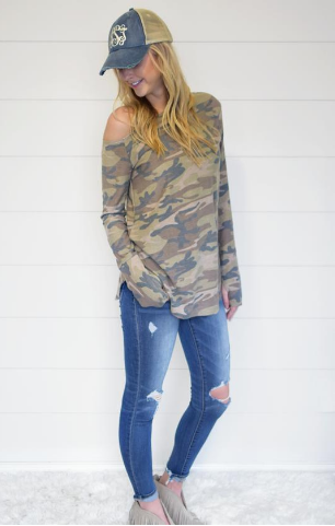 Camo Off the Shoulder Top with Thumbholes
