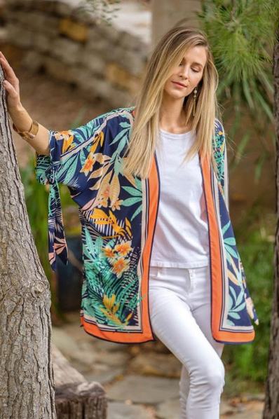 Tropical Half Kimono - Orange/Navy