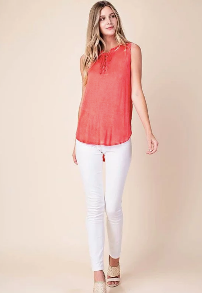 Coral Sleeveless Lace-Up Top