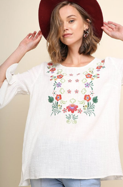 Floral Embroidered Tulip Bell Sleeve Top with Side Slits