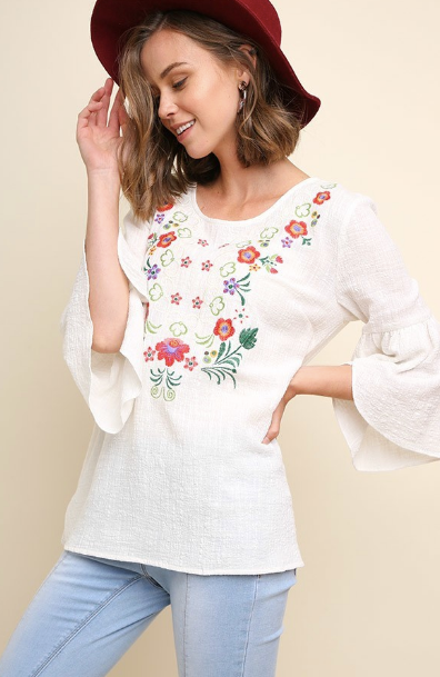 Floral Embroidered Tulip Bell Sleeve Top with Side Slits