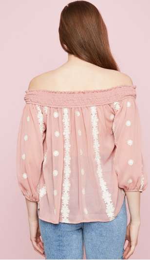 Ruched & Embroidered Off the Shoulder - Dusty Pink