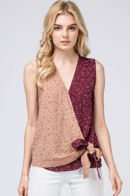 Dotted Color Block Top (Tan & Burgundy)