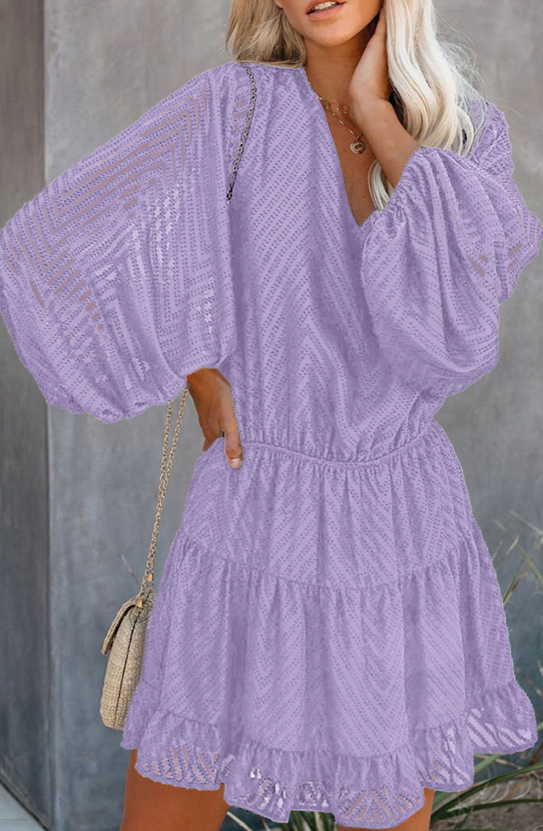 Purple Balloon Sleeve Tiered Dress