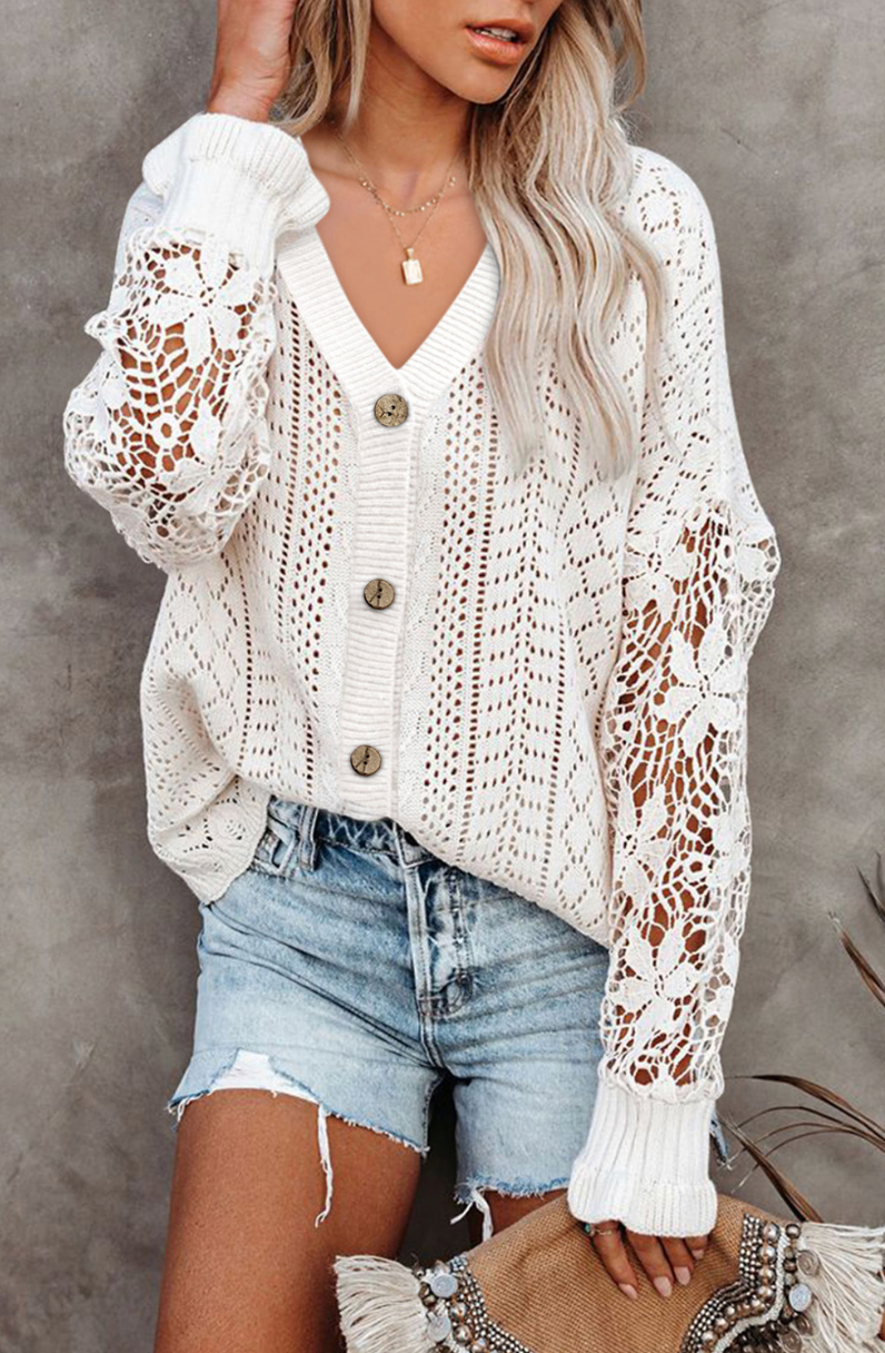 White Lace Crochet Spring Sweater