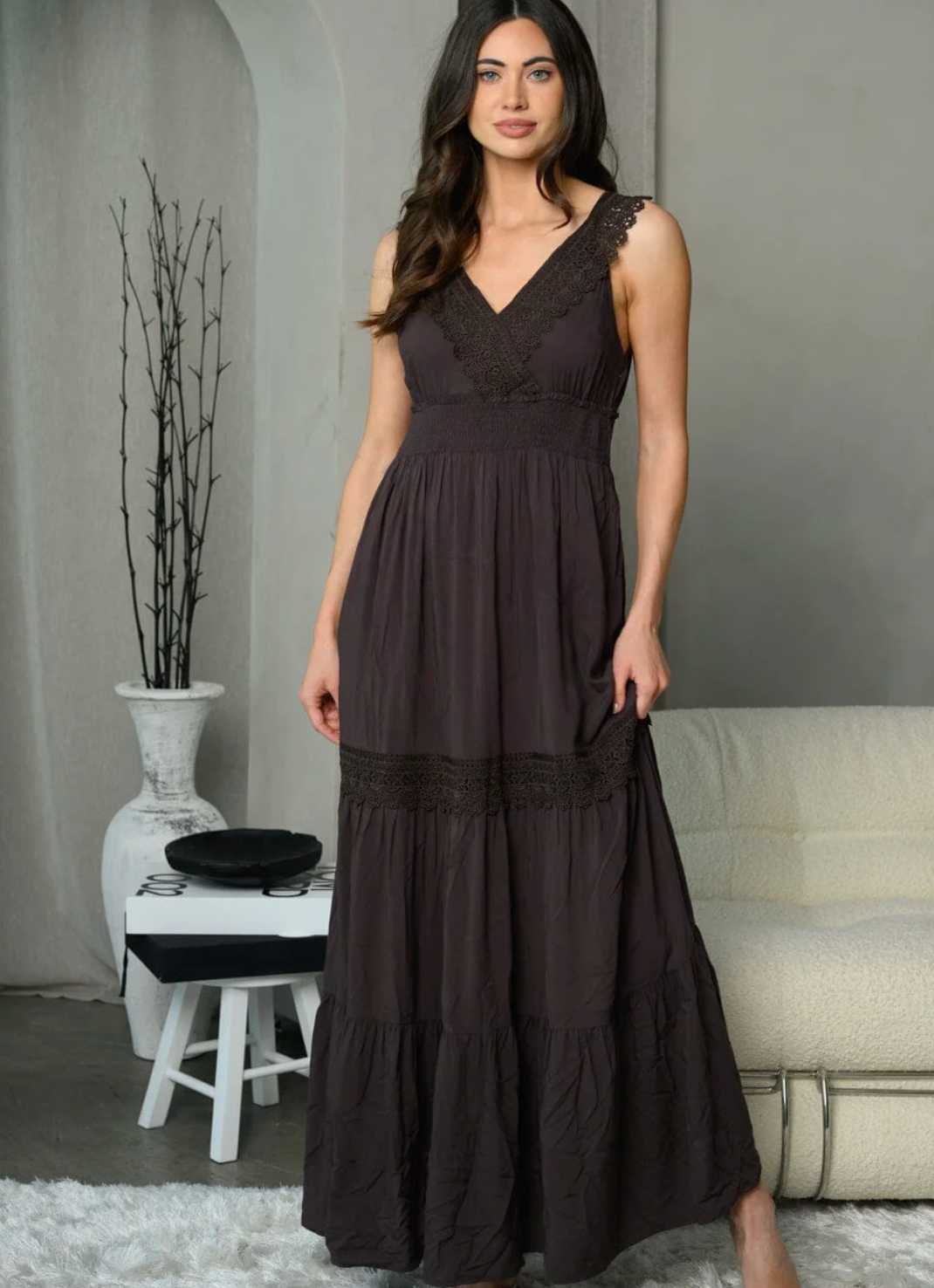 Chocolate Embroidered Maxi Dress