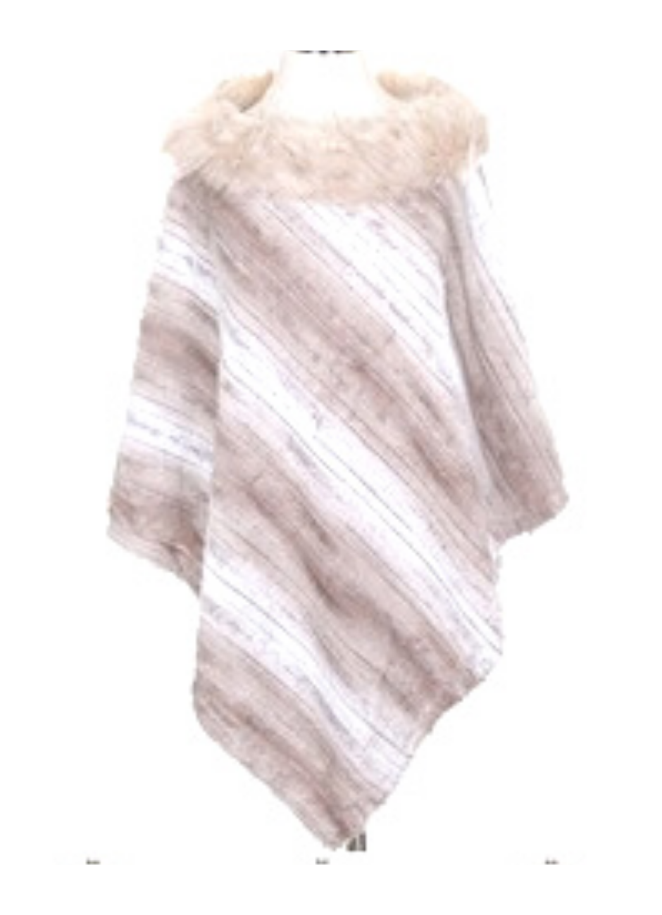 Soft Stripe Poncho with Fur Collar