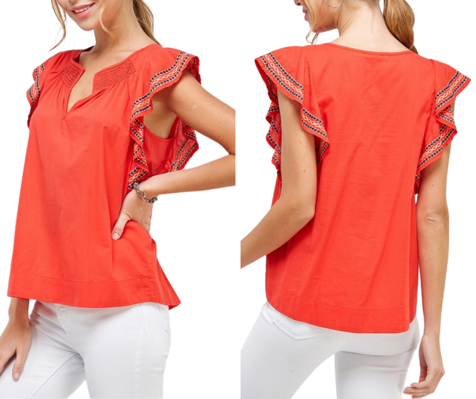 Red Embroidered Blouse with Ruffles