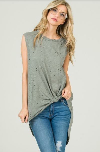 Hi-Low Front Knot Burned Out Top - Olive