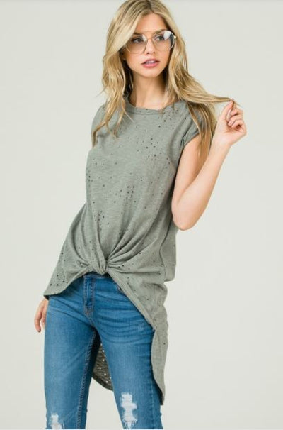 Hi-Low Front Knot Burned Out Top - Olive