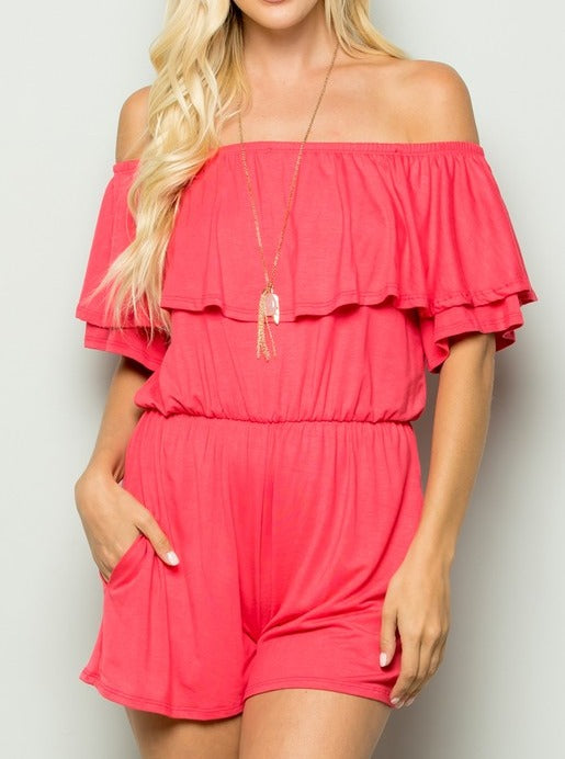 Ruffled Off the Shoulder Romper - Coral