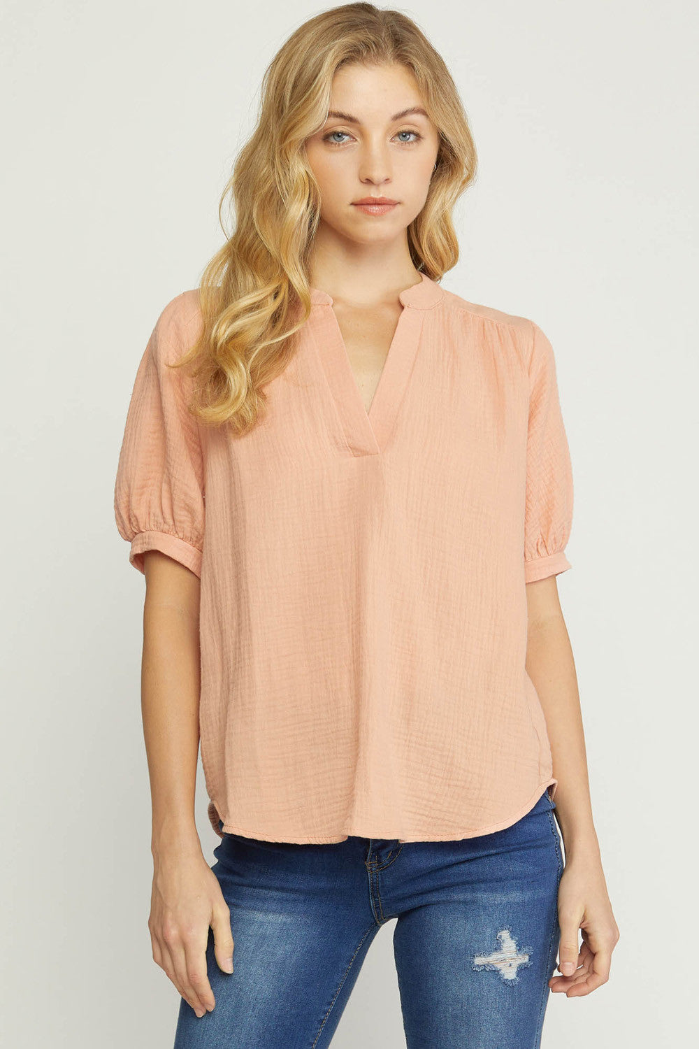 Solid V Neck Puff Sleeve