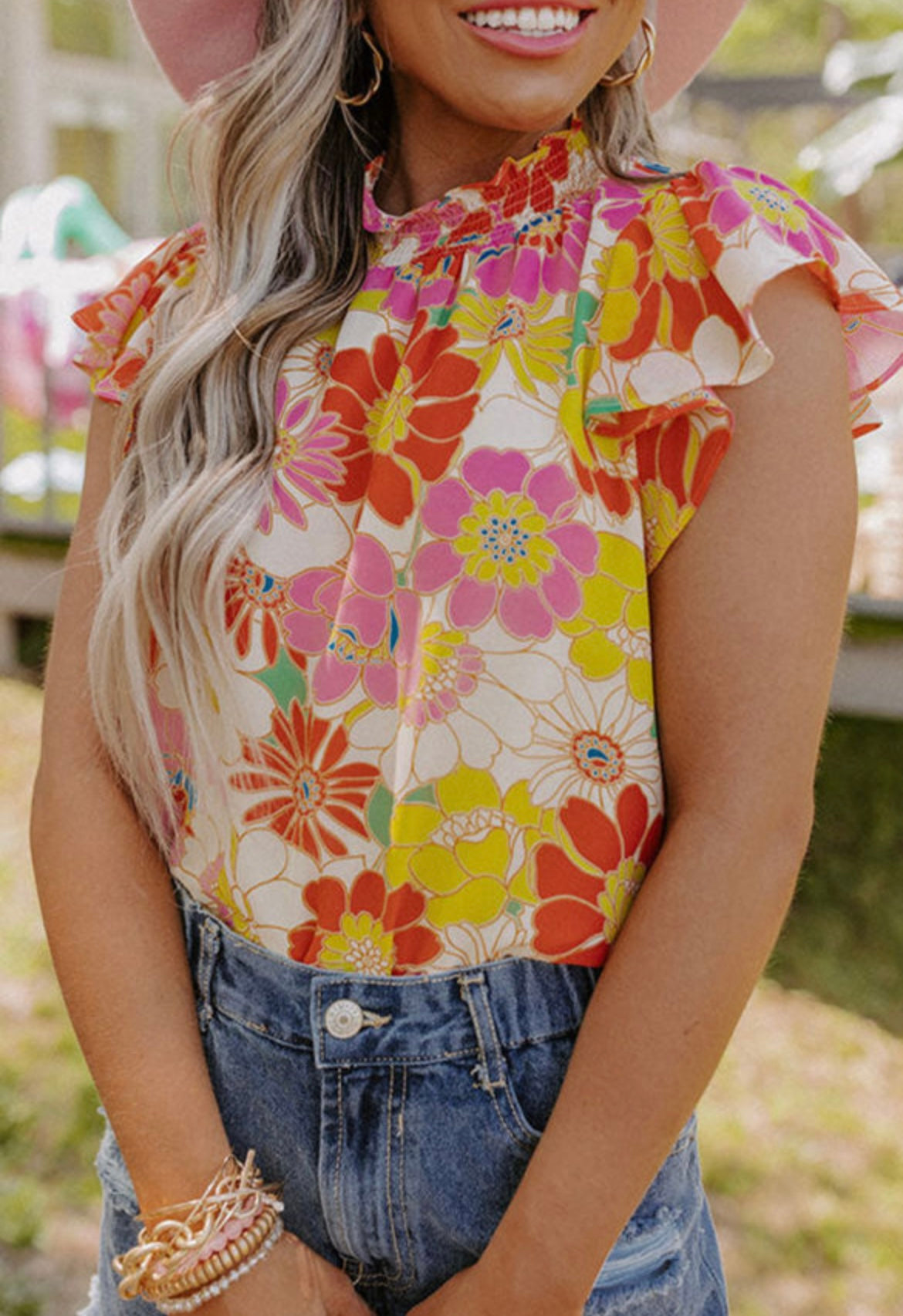 Multi Stand Collar Flutter Sleeve Floral Top
