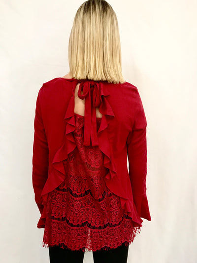 Bell Sleeve Top with Back Lace and Ruffled Details