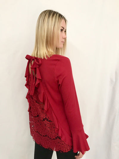 Bell Sleeve Top with Back Lace and Ruffled Details