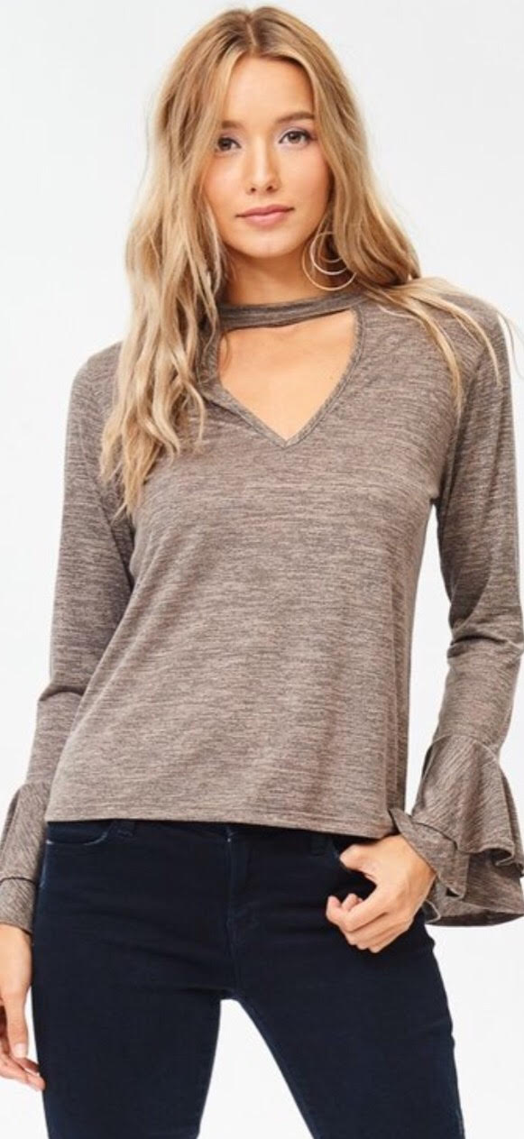 Beige Bell Sleeve Melange Knit Top with Choker - 1 Small Left!